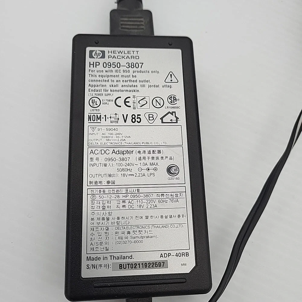 HP 0950-3807 18V 2.23A AC Power Supply Adapter with Power Cord Black